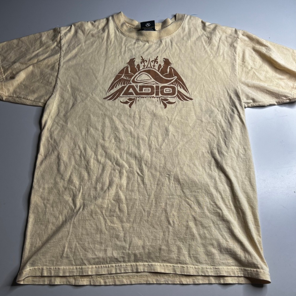 Vintage Adio Footwear Skate T-Shirt Mens Large Yellow Graphic Tee Made in USA